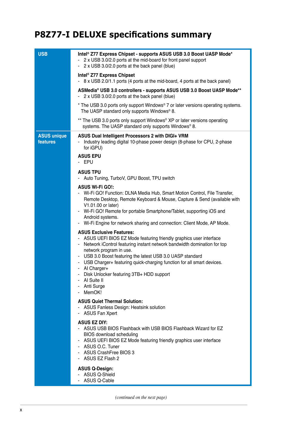 P8z77-i deluxe specifications summary | Asus P8Z77-I DELUXE/WD User Manual | Page 10 / 178