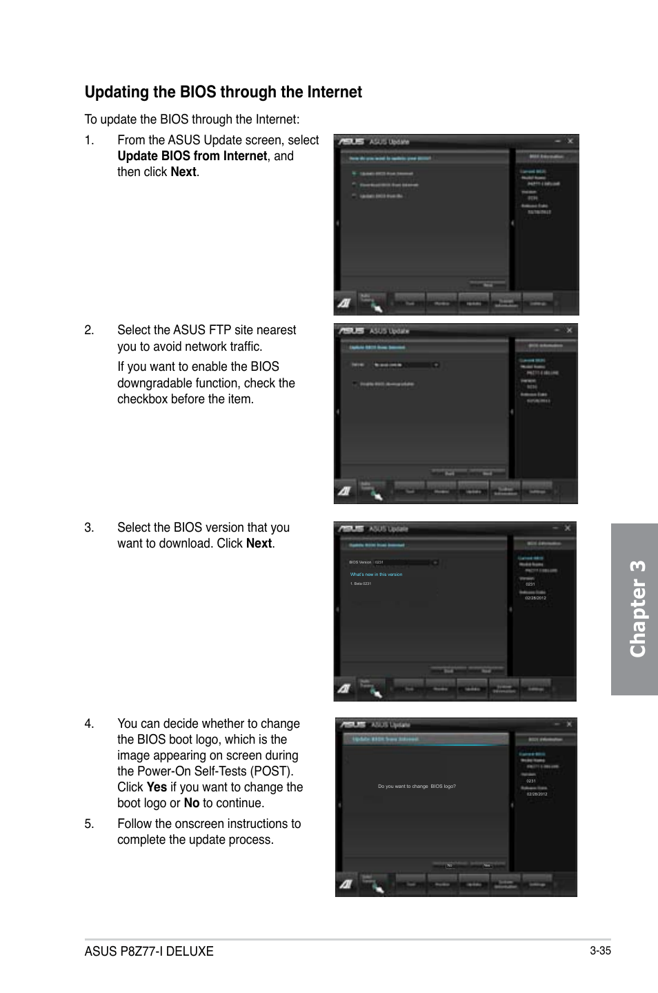 Chapter 3, Updating the bios through the internet | Asus P8Z77-I DELUXE/WD User Manual | Page 101 / 178