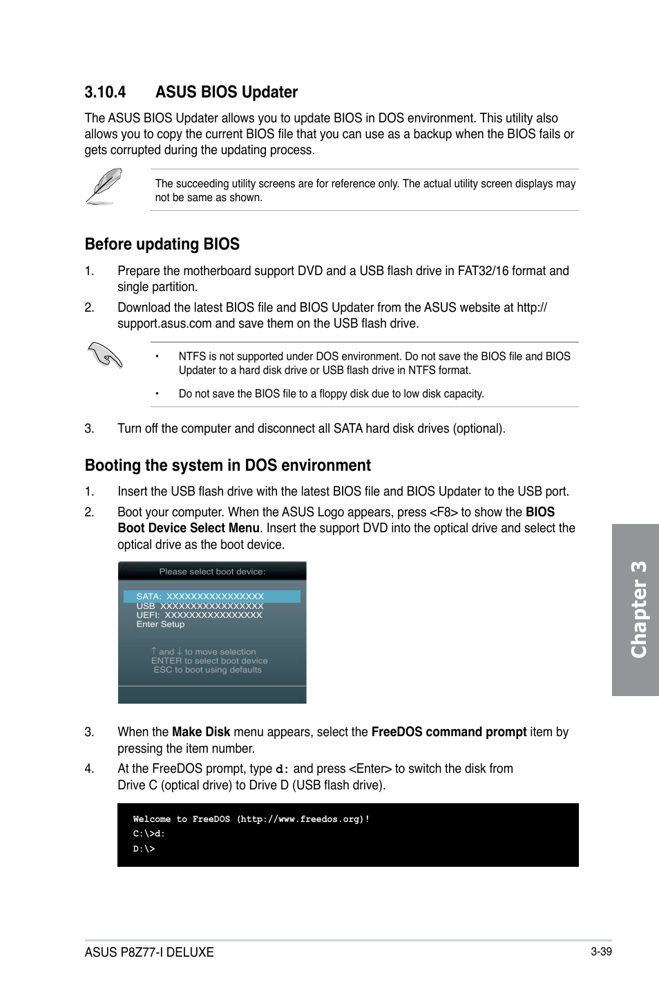 4 asus bios updater, Asus bios updater -39, Chapter 3 | Booting the system in dos environment, Before updating bios | Asus P8Z77-I DELUXE/WD User Manual | Page 105 / 178