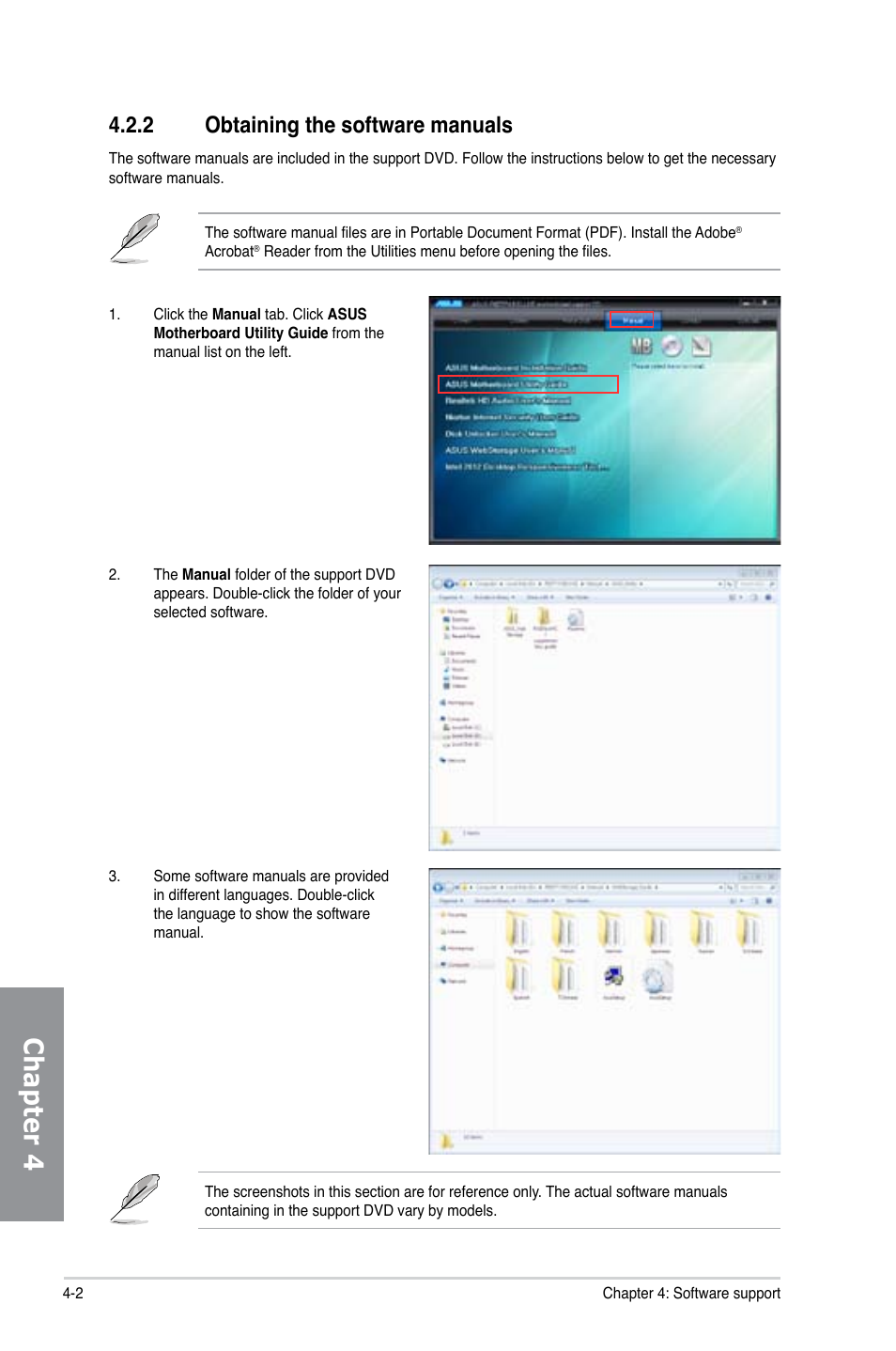 2 obtaining the software manuals, Obtaining the software manuals -2, Chapter 4 | Asus P8Z77-I DELUXE/WD User Manual | Page 108 / 178