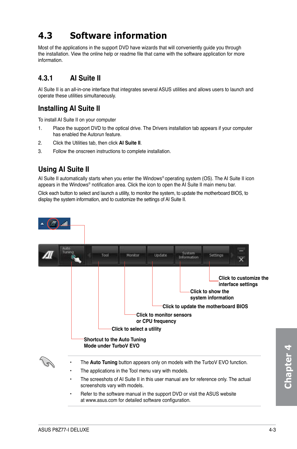 3 software information, 1 ai suite ii, Software information -3 4.3.1 | Ai suite ii -3, Chapter 4 4.3 software information, Installing ai suite ii, Using ai suite ii | Asus P8Z77-I DELUXE/WD User Manual | Page 109 / 178