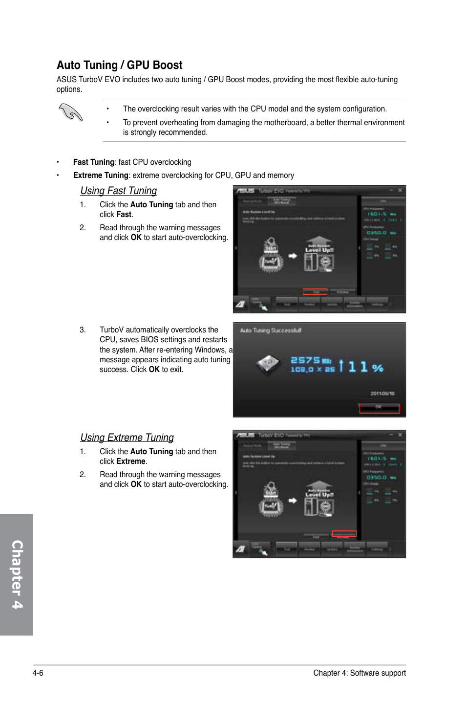 Chapter 4, Auto tuning / gpu boost, Using fast tuning | Using extreme tuning | Asus P8Z77-I DELUXE/WD User Manual | Page 112 / 178