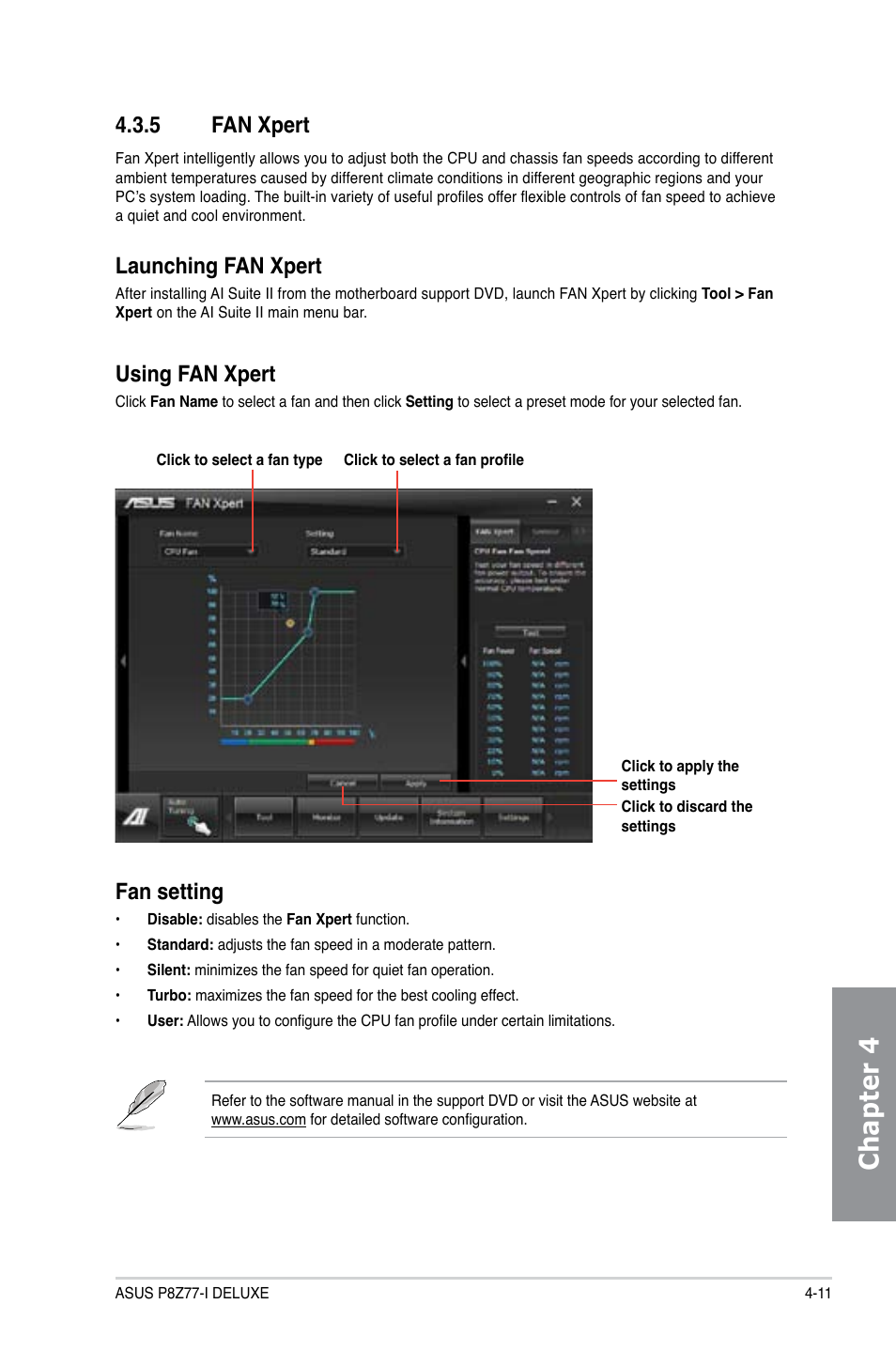 5 fan xpert, Fan xpert -11, Chapter 4 | Launching fan xpert, Fan setting, Using fan xpert | Asus P8Z77-I DELUXE/WD User Manual | Page 117 / 178