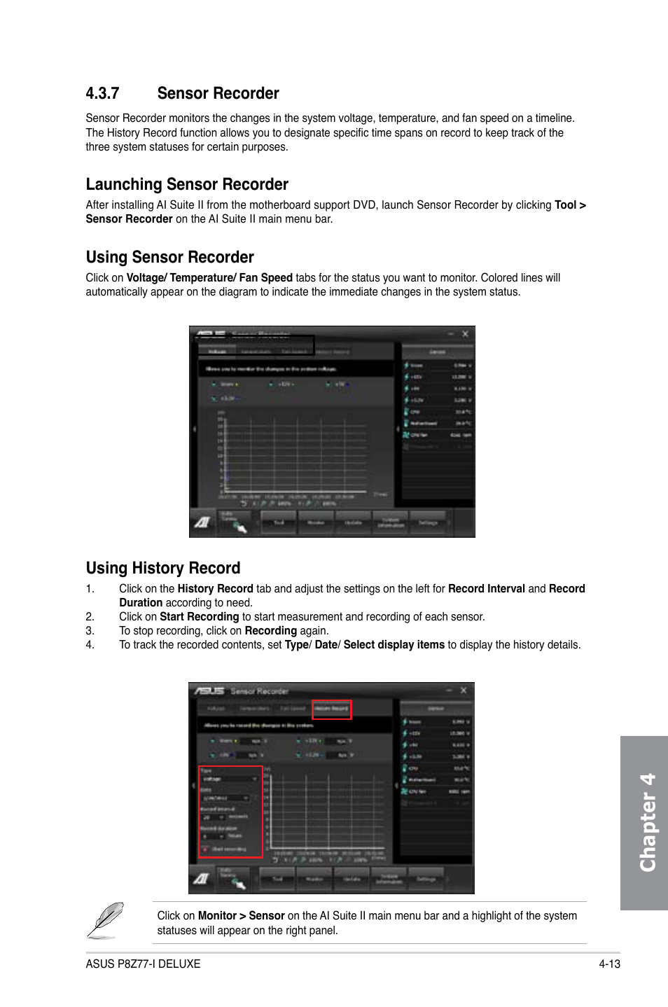 7 sensor recorder, Sensor recorder -13, Chapter 4 | Launching sensor recorder, Using sensor recorder, Using history record | Asus P8Z77-I DELUXE/WD User Manual | Page 119 / 178