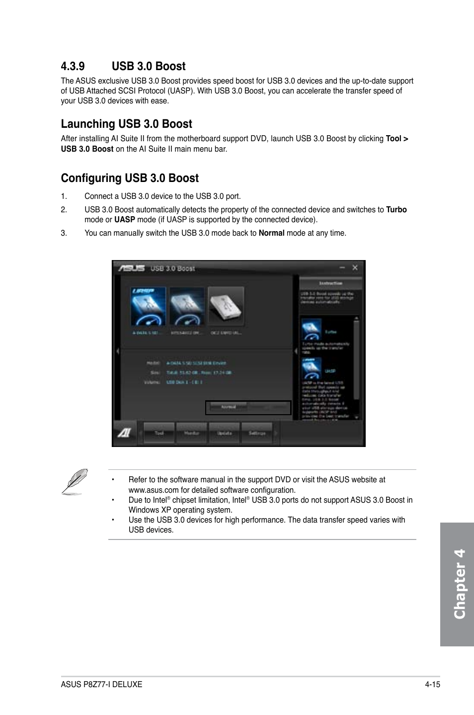 9 usb 3.0 boost, Usb 3.0 boost -15, Chapter 4 | Launching usb 3.0 boost, Configuring usb 3.0 boost | Asus P8Z77-I DELUXE/WD User Manual | Page 121 / 178