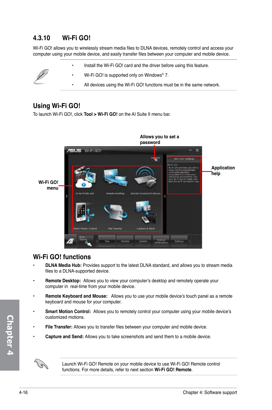 10 wi-fi go, Wi-fi go! -16, Chapter 4 | Using wi-fi go, Wi-fi go! functions | Asus P8Z77-I DELUXE/WD User Manual | Page 122 / 178