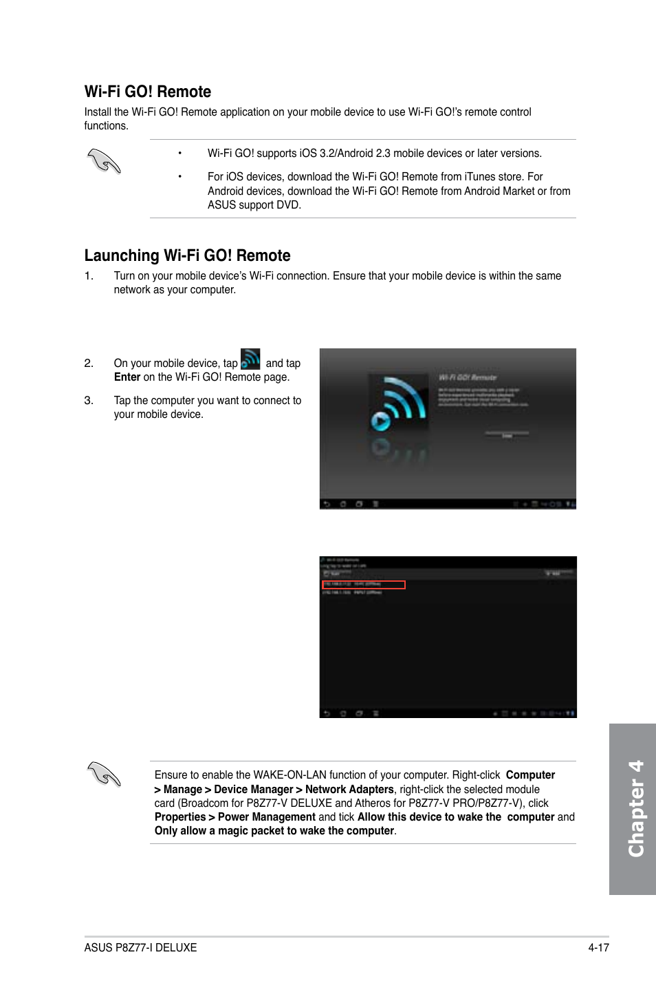 Chapter 4, Wi-fi go! remote, Launching wi-fi go! remote | Asus P8Z77-I DELUXE/WD User Manual | Page 123 / 178