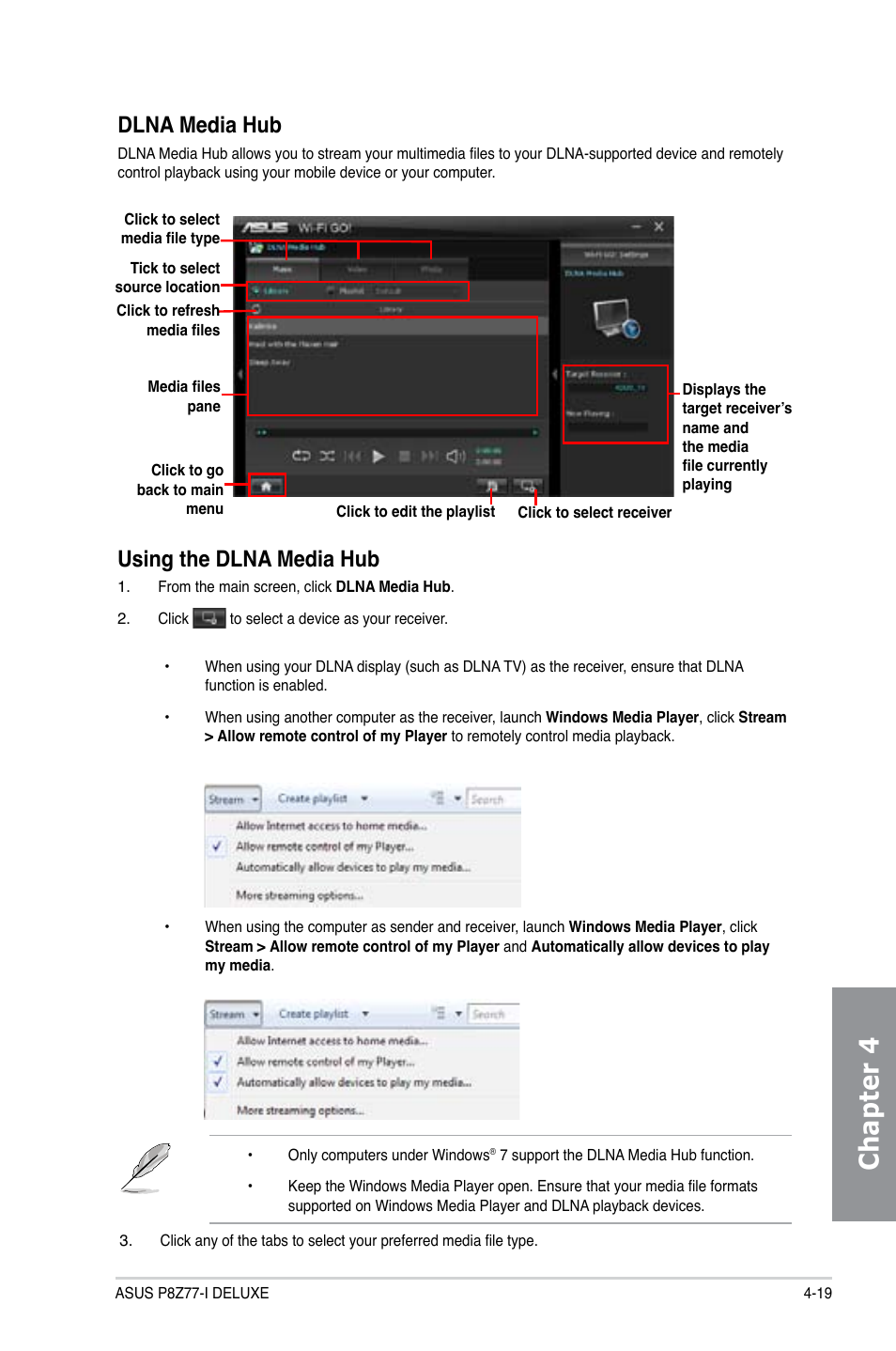 Chapter 4, Using the dlna media hub, Dlna media hub | Asus P8Z77-I DELUXE/WD User Manual | Page 125 / 178