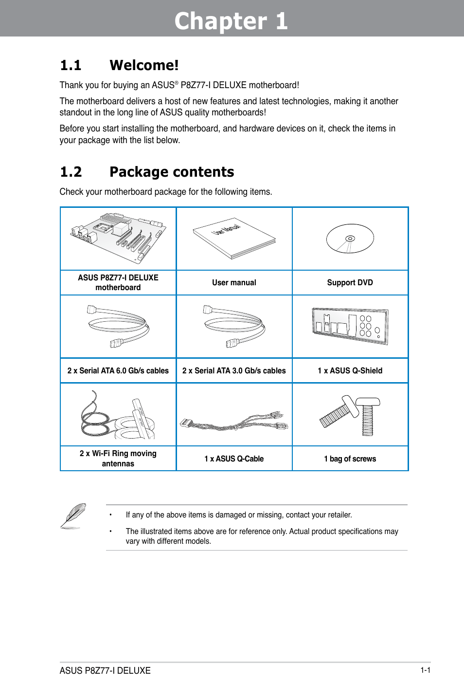 Chapter 1: product introduction, 1 welcome, 2 package contents | Chapter 1, Product introduction, Welcome! -1, Package contents -1, Chapter 1 1.1 welcome | Asus P8Z77-I DELUXE/WD User Manual | Page 13 / 178