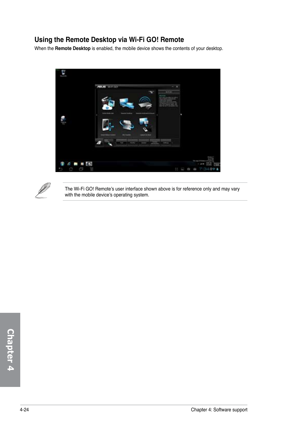 Chapter 4, Using the remote desktop via wi-fi go! remote | Asus P8Z77-I DELUXE/WD User Manual | Page 130 / 178