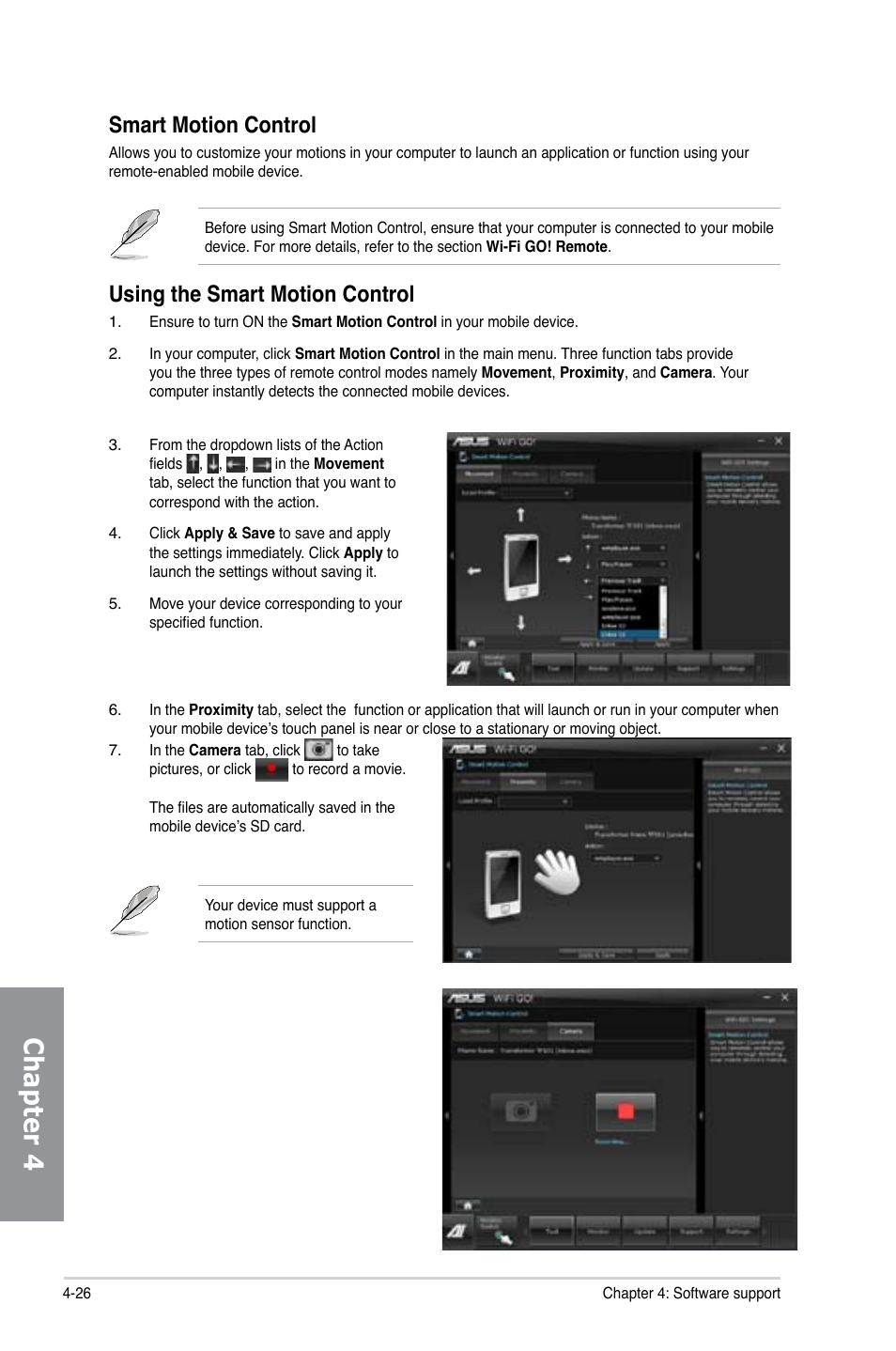 Chapter 4, Smart motion control, Using the smart motion control | Asus P8Z77-I DELUXE/WD User Manual | Page 132 / 178