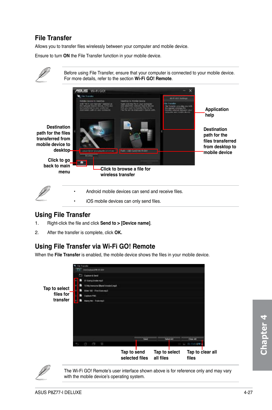 Chapter 4, File transfer, Using file transfer via wi-fi go! remote | Using file transfer | Asus P8Z77-I DELUXE/WD User Manual | Page 133 / 178