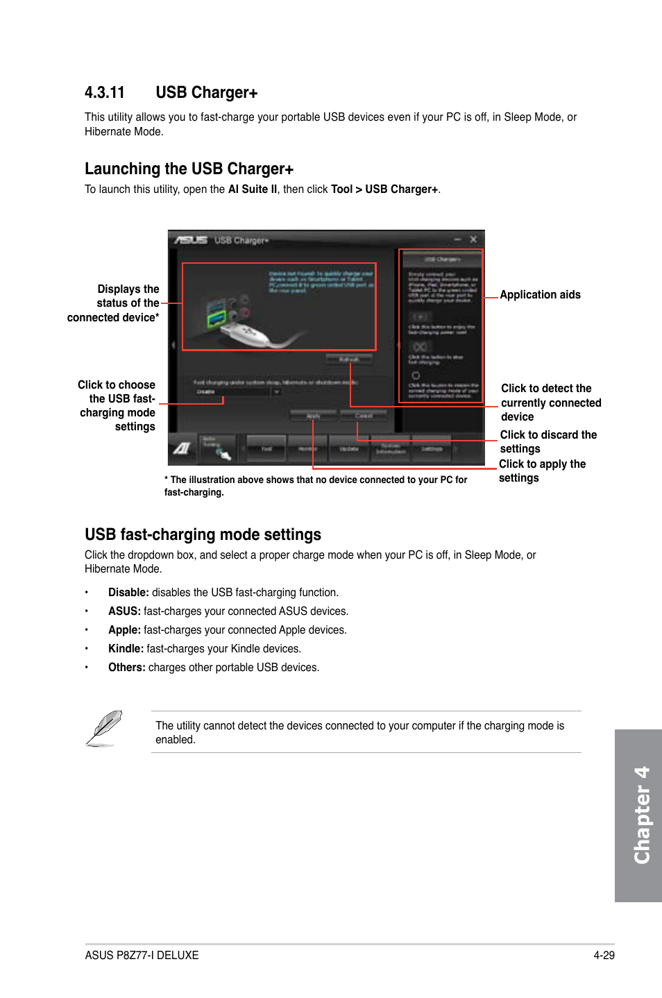 11 usb charger, Usb charger+ -29, Chapter 4 | Launching the usb charger, Usb fast-charging mode settings | Asus P8Z77-I DELUXE/WD User Manual | Page 135 / 178