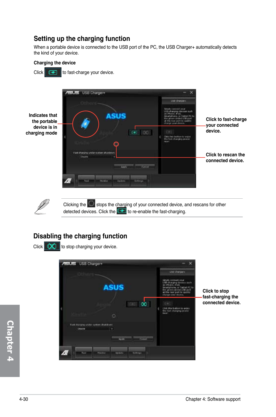 Chapter 4, Setting up the charging function, Disabling the charging function | Asus P8Z77-I DELUXE/WD User Manual | Page 136 / 178