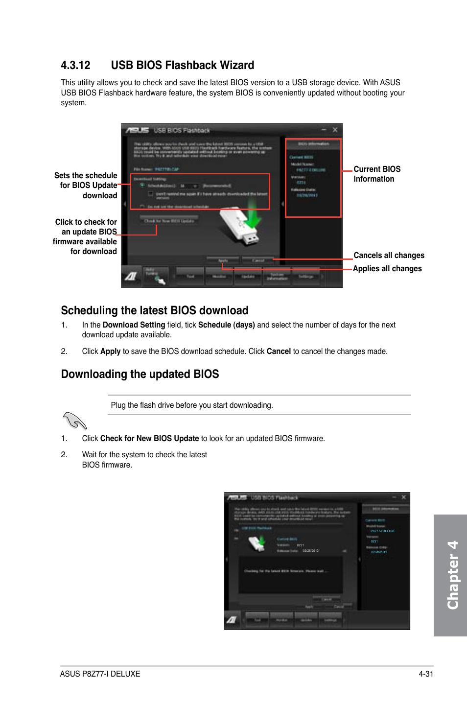 12 usb bios flashback wizard, Usb bios flashback wizard -31, Chapter 4 | Scheduling the latest bios download, Downloading the updated bios | Asus P8Z77-I DELUXE/WD User Manual | Page 137 / 178