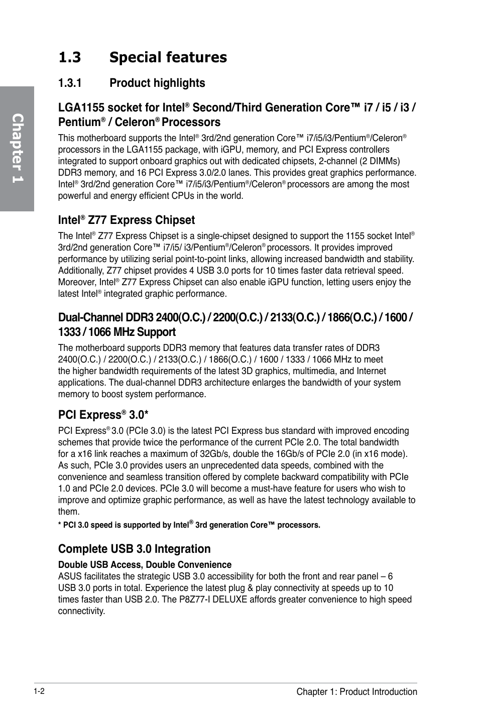 3 special features, 1 product highlights, Special features -2 1.3.1 | Product highlights -2, Chapter 1 1.3 special features, Celeron, Processors, Intel, Z77 express chipset, Pci express | Asus P8Z77-I DELUXE/WD User Manual | Page 14 / 178