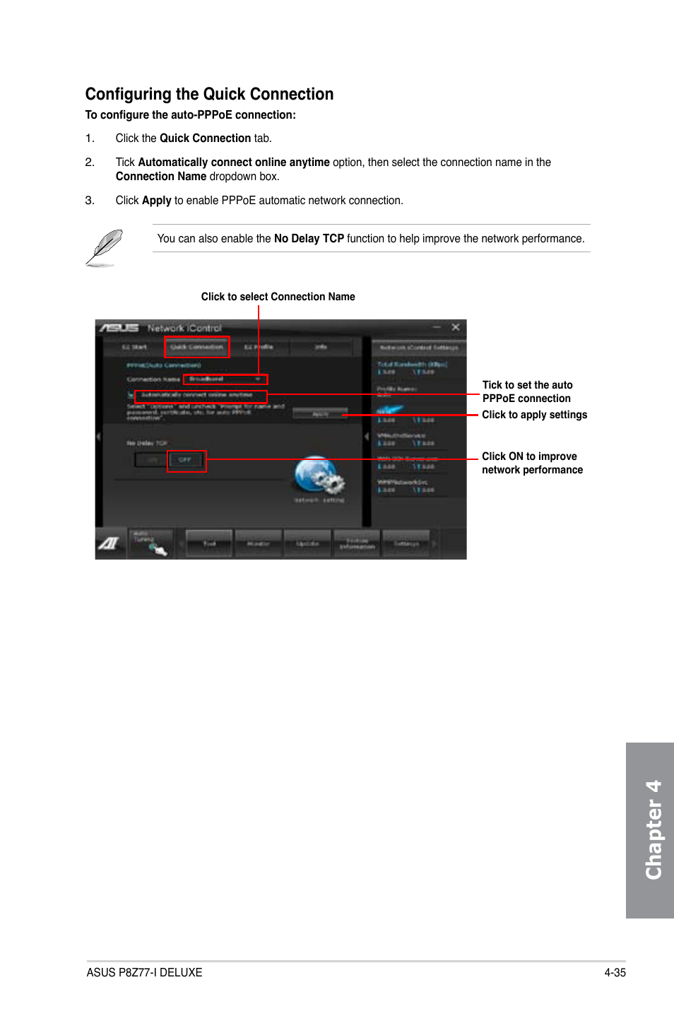 Chapter 4, Configuring the quick connection | Asus P8Z77-I DELUXE/WD User Manual | Page 141 / 178