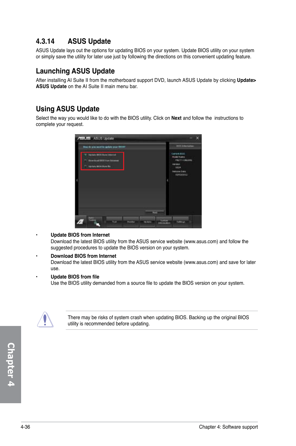 14 asus update, Asus update -36, Chapter 4 | Launching asus update, Using asus update | Asus P8Z77-I DELUXE/WD User Manual | Page 142 / 178