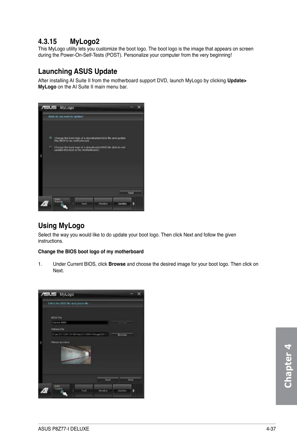 15 mylogo2, Mylogo2 -37, Chapter 4 | Launching asus update, Using mylogo | Asus P8Z77-I DELUXE/WD User Manual | Page 143 / 178