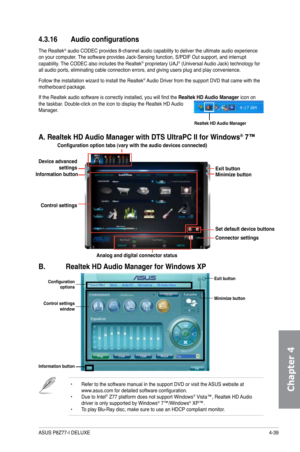 16 audio configurations, Audio configurations -39, Chapter 4 | B. realtek hd audio manager for windows xp | Asus P8Z77-I DELUXE/WD User Manual | Page 145 / 178