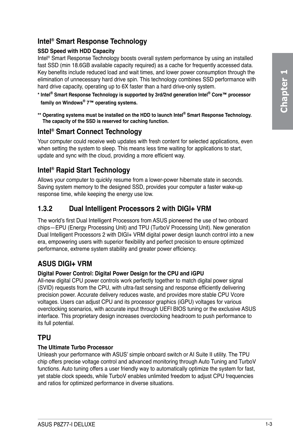 2 dual intelligent processors 2 with digi+ vrm, Dual intelligent processors 2 with digi+ vrm -3, Chapter 1 | Intel, Smart response technology, Smart connect technology, Rapid start technology, Asus digi+ vrm | Asus P8Z77-I DELUXE/WD User Manual | Page 15 / 178