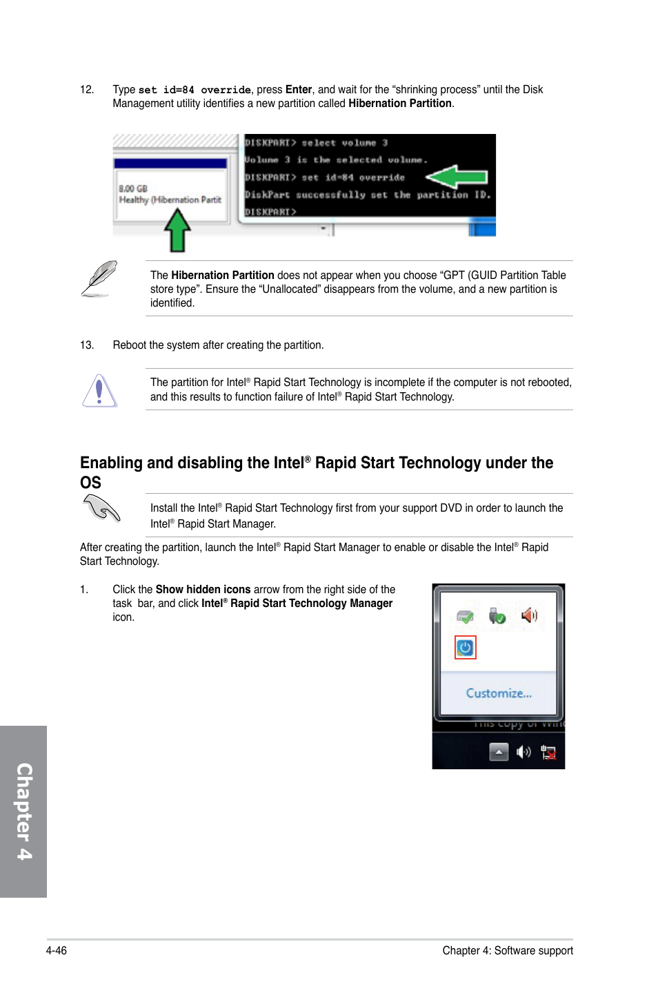 Chapter 4, Enabling and disabling the intel, Rapid start technology under the os | Asus P8Z77-I DELUXE/WD User Manual | Page 152 / 178