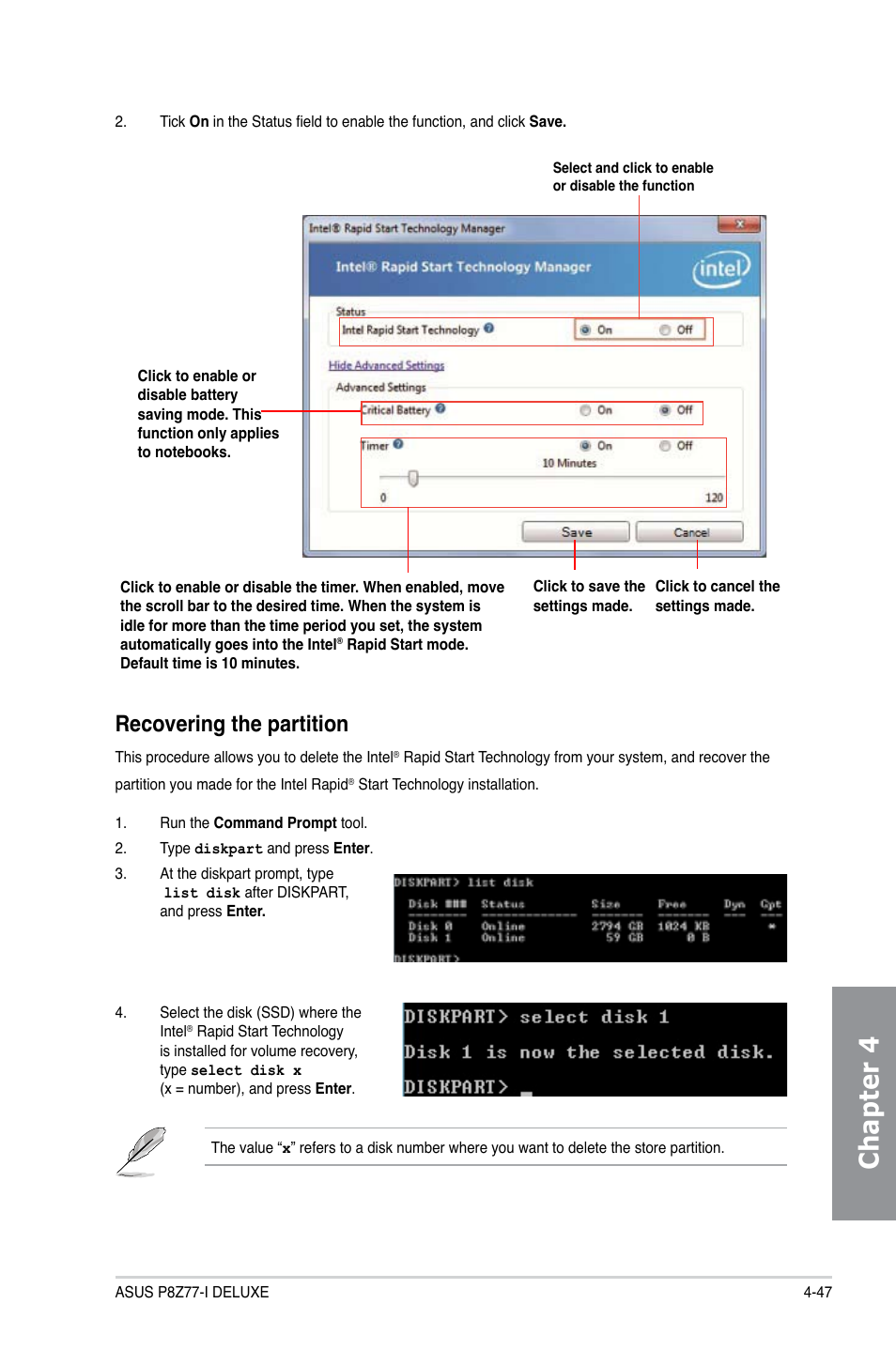 Chapter 4, Recovering the partition | Asus P8Z77-I DELUXE/WD User Manual | Page 153 / 178