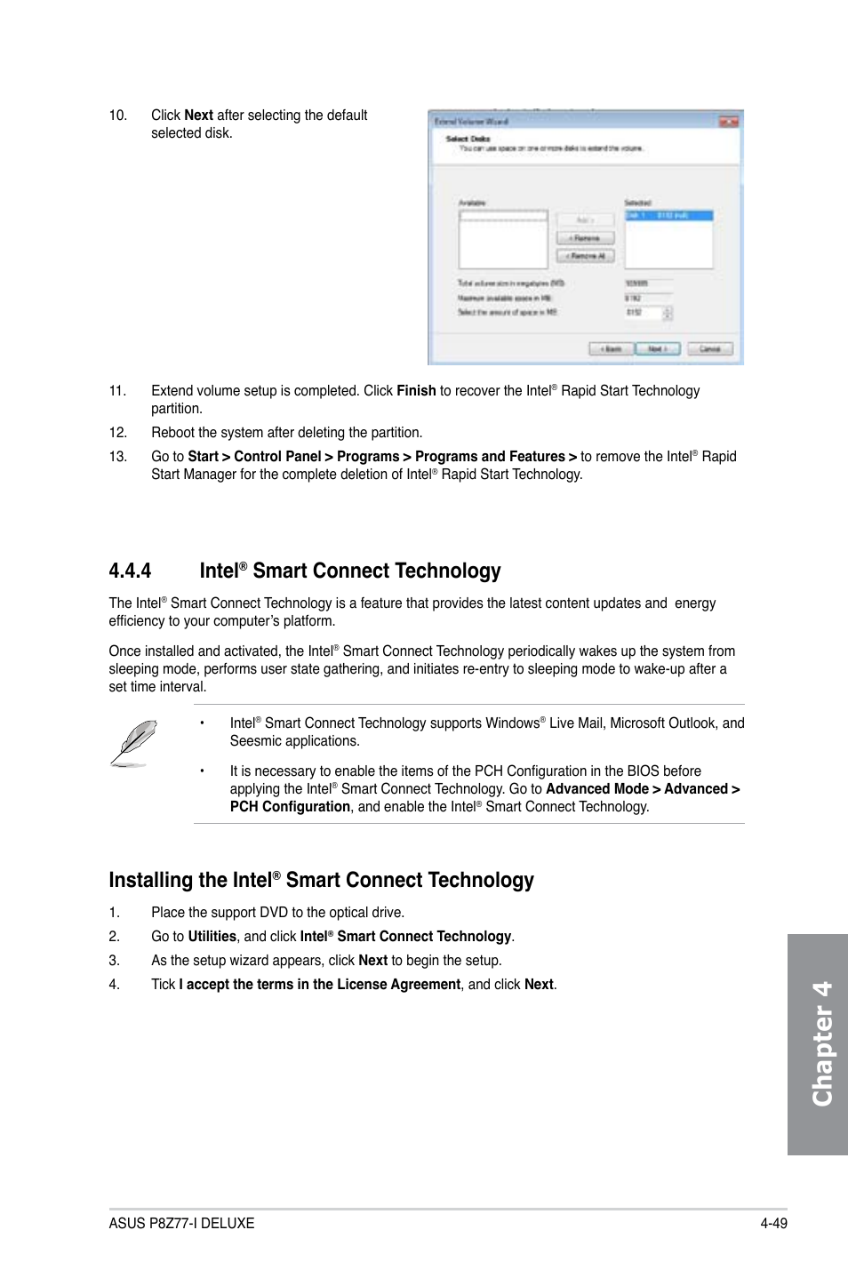 4 intel® smart connect technology, Intel, Smart connect technology -49 | Chapter 4, 4 intel, Smart connect technology, Installing the intel | Asus P8Z77-I DELUXE/WD User Manual | Page 155 / 178