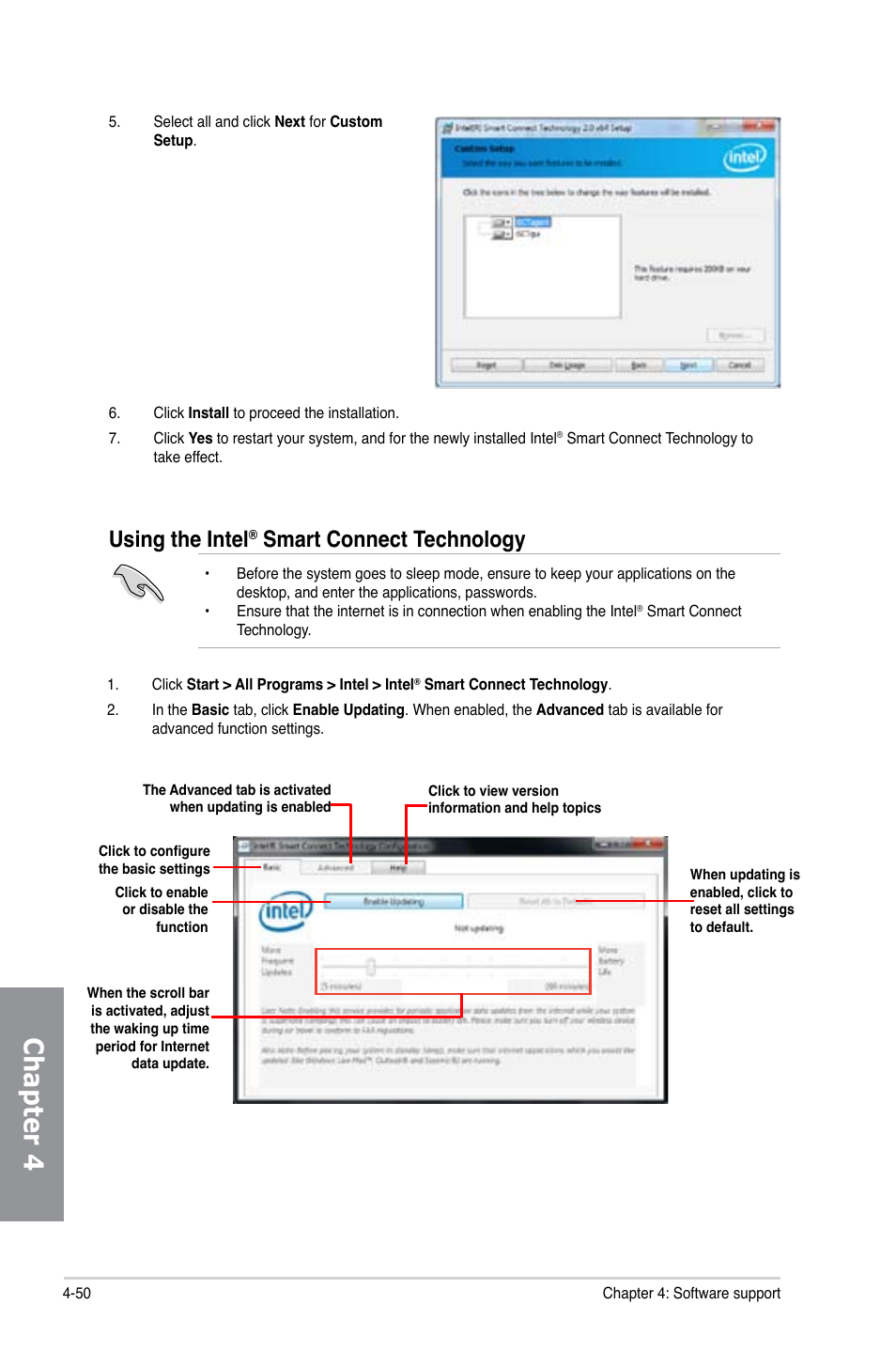 Chapter 4, Using the intel, Smart connect technology | Asus P8Z77-I DELUXE/WD User Manual | Page 156 / 178