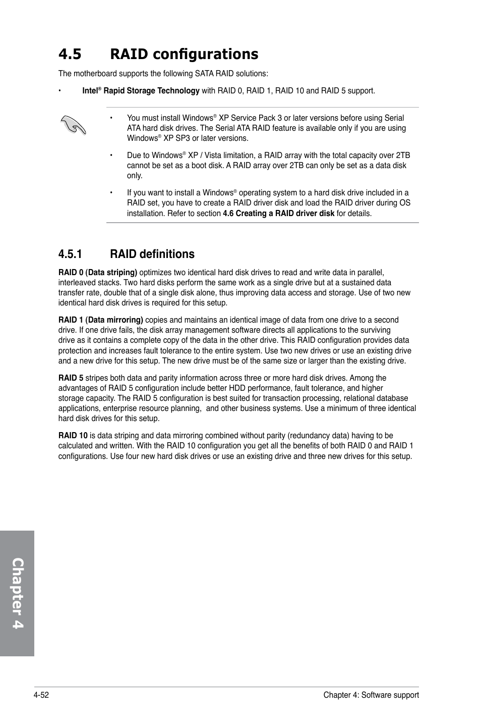 5 raid configurations, 1 raid definitions, Raid configurations -52 4.5.1 | Raid definitions -52, Chapter 4 4.5 raid configurations | Asus P8Z77-I DELUXE/WD User Manual | Page 158 / 178