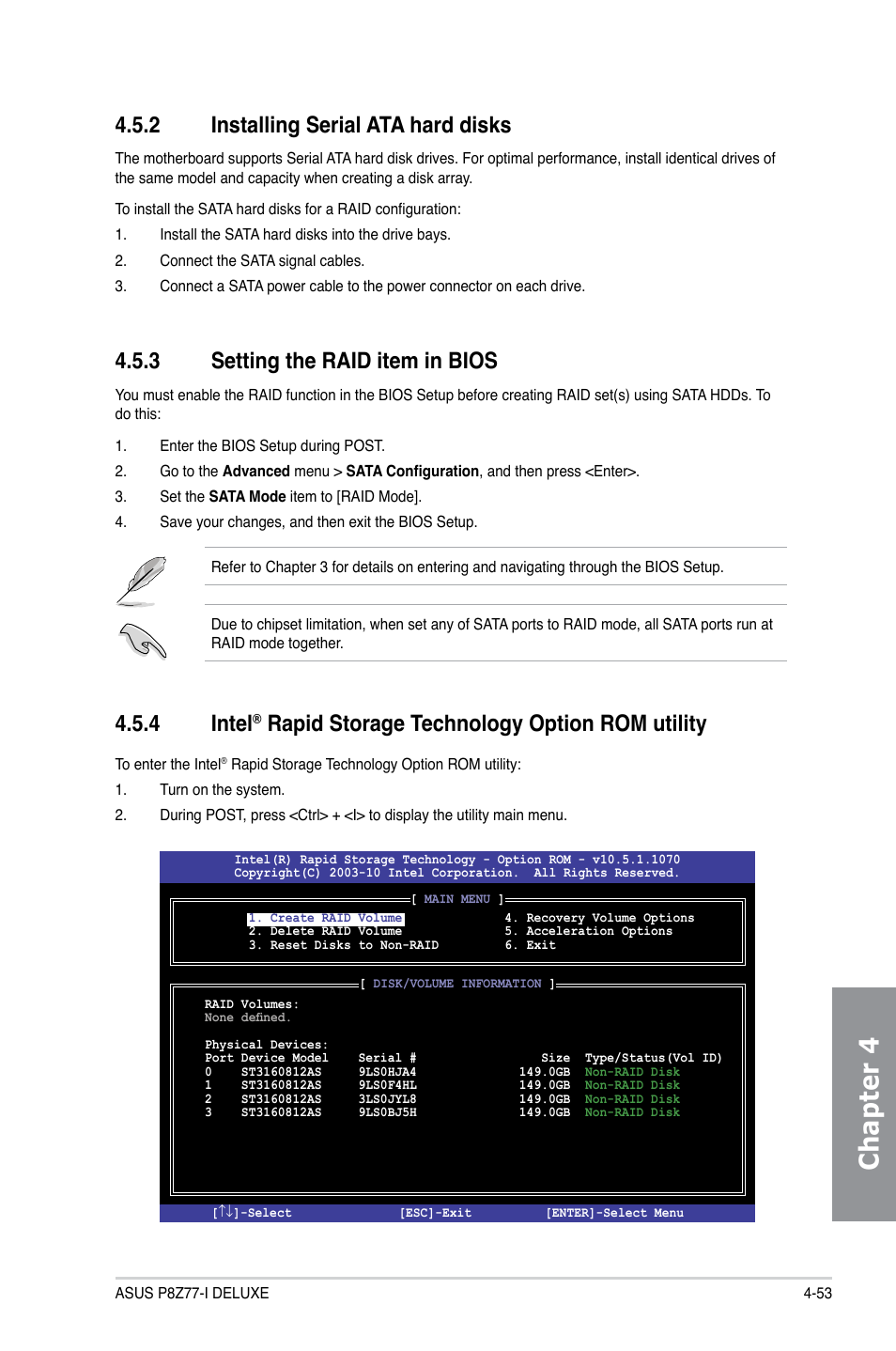 2 installing serial ata hard disks, 3 setting the raid item in bios, Installing serial ata hard disks -53 | Setting the raid item in bios -53, Intel, Rapid storage technology option rom utility -53, Chapter 4, 4 intel, Rapid storage technology option rom utility | Asus P8Z77-I DELUXE/WD User Manual | Page 159 / 178