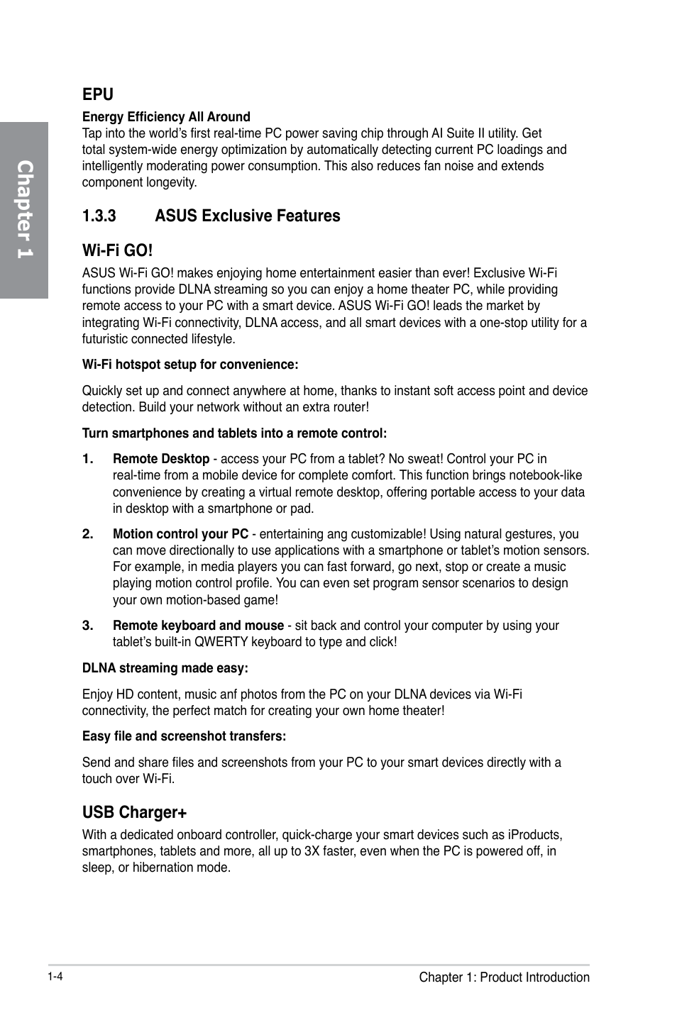 3 asus exclusive features, Asus exclusive features -4, Chapter 1 | 3 asus exclusive features wi-fi go, Usb charger | Asus P8Z77-I DELUXE/WD User Manual | Page 16 / 178