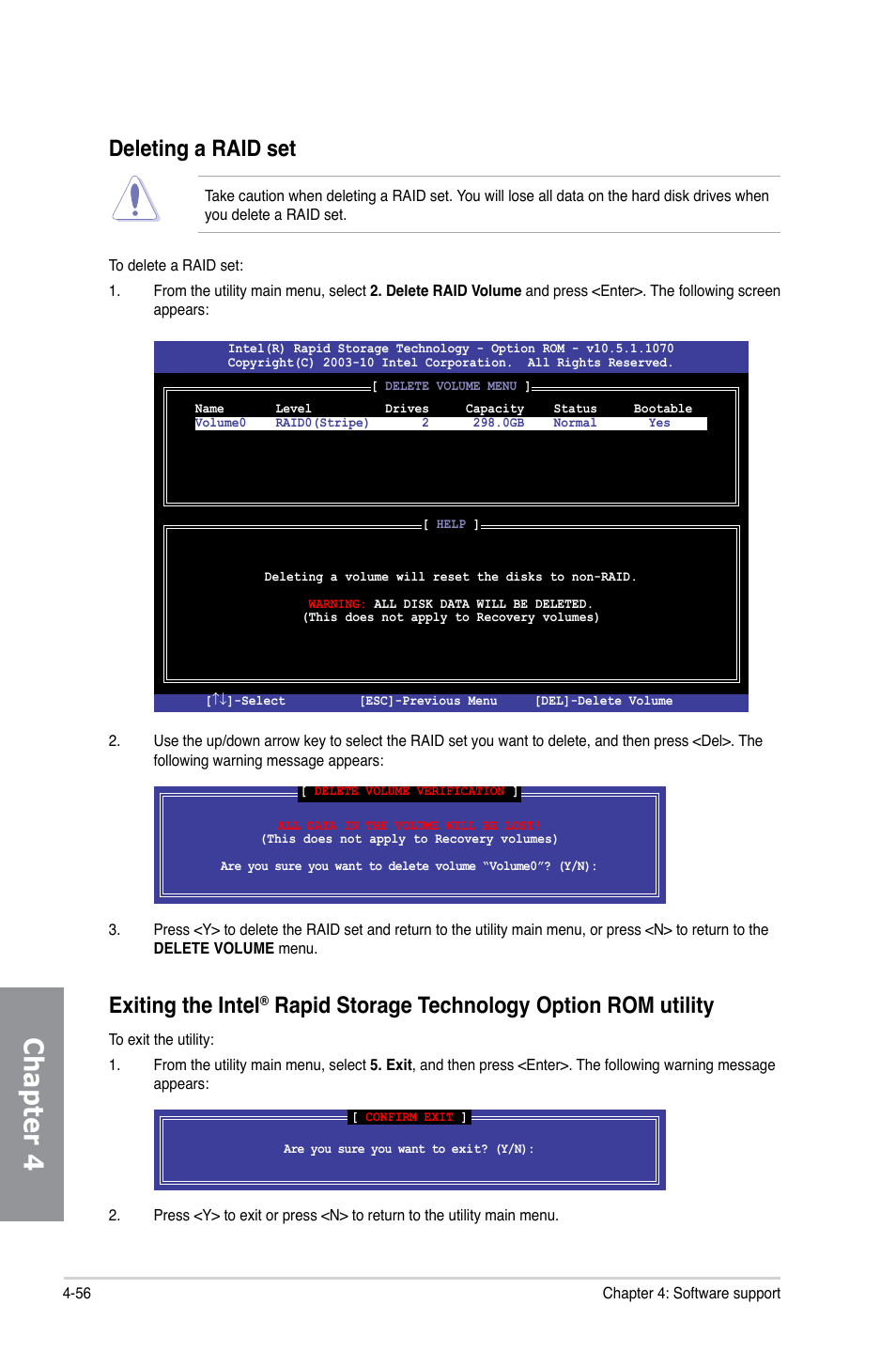 Chapter 4, Deleting a raid set, Exiting the intel | Rapid storage technology option rom utility | Asus P8Z77-I DELUXE/WD User Manual | Page 162 / 178