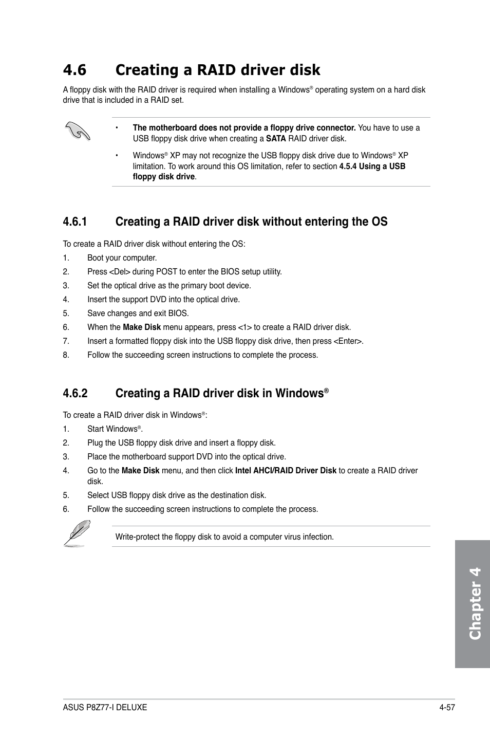 6 creating a raid driver disk, 2 creating a raid driver disk in windows, Creating a raid driver disk -57 4.6.1 | Creating a raid driver disk in windows, Chapter 4 4.6 creating a raid driver disk | Asus P8Z77-I DELUXE/WD User Manual | Page 163 / 178