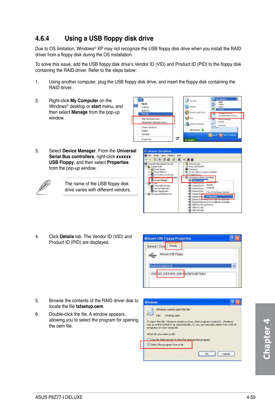 4 using a usb floppy disk drive, Using a usb floppy disk drive -59, Chapter 4 | Asus P8Z77-I DELUXE/WD User Manual | Page 165 / 178