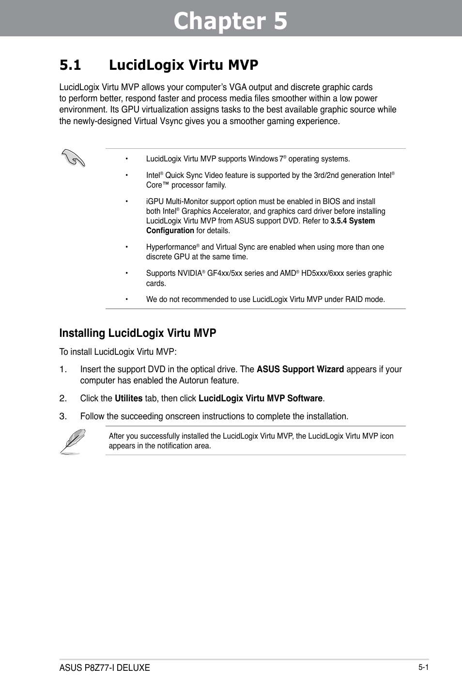 Chapter 5: multiple gpu technology support, 1 lucidlogix virtu mvp, Installing lucidlogix virtu mvp | Chapter 5, Multiple gpu technology support | Asus P8Z77-I DELUXE/WD User Manual | Page 167 / 178