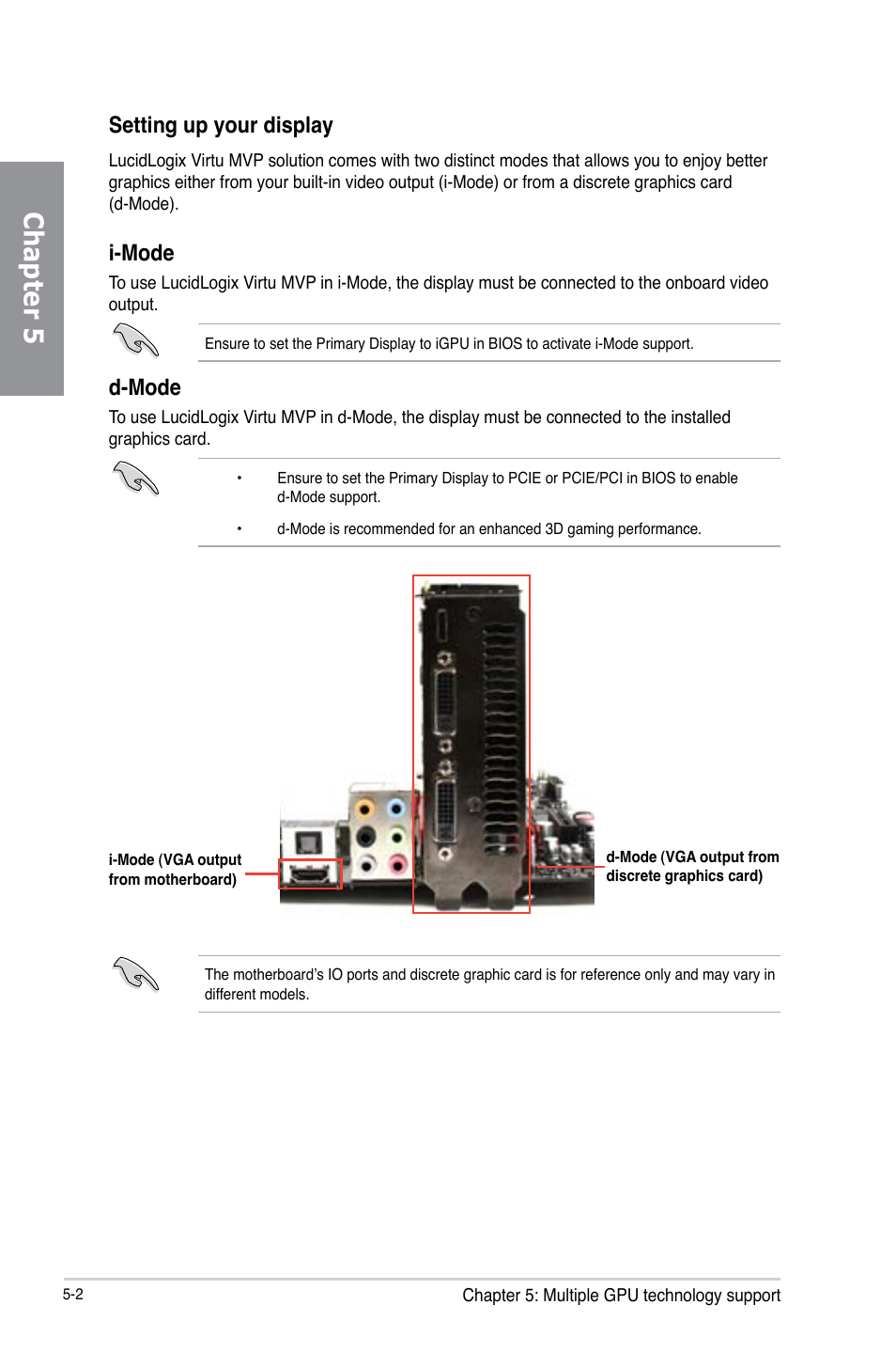 Setting up your display, Setting up your display -2, Chapter 5 | I-mode, D-mode | Asus P8Z77-I DELUXE/WD User Manual | Page 168 / 178