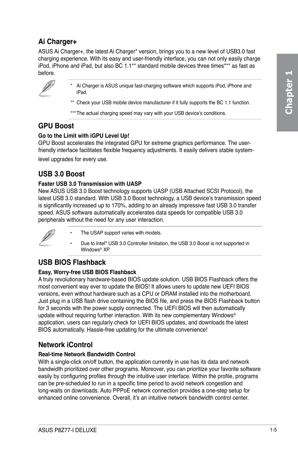 Chapter 1, Ai charger, Gpu boost | Usb 3.0 boost, Usb bios flashback, Network icontrol | Asus P8Z77-I DELUXE/WD User Manual | Page 17 / 178