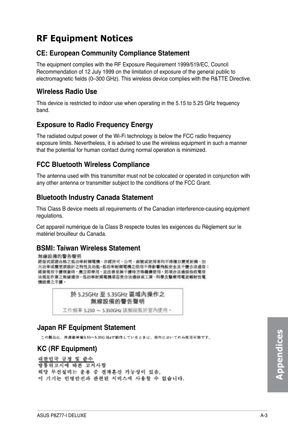 Rf equipment notices, Appendices rf equipment notices | Asus P8Z77-I DELUXE/WD User Manual | Page 175 / 178