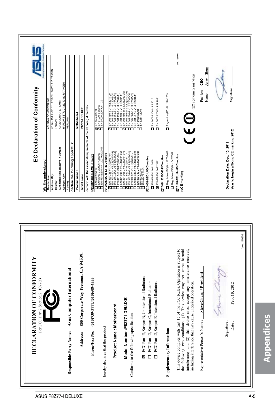 Appendices, Declaration of conformity, Ec declaration of conformity | Asus p8z77-i deluxe a-5, Asu s c om pu te r in te rn at io na l | Asus P8Z77-I DELUXE/WD User Manual | Page 177 / 178