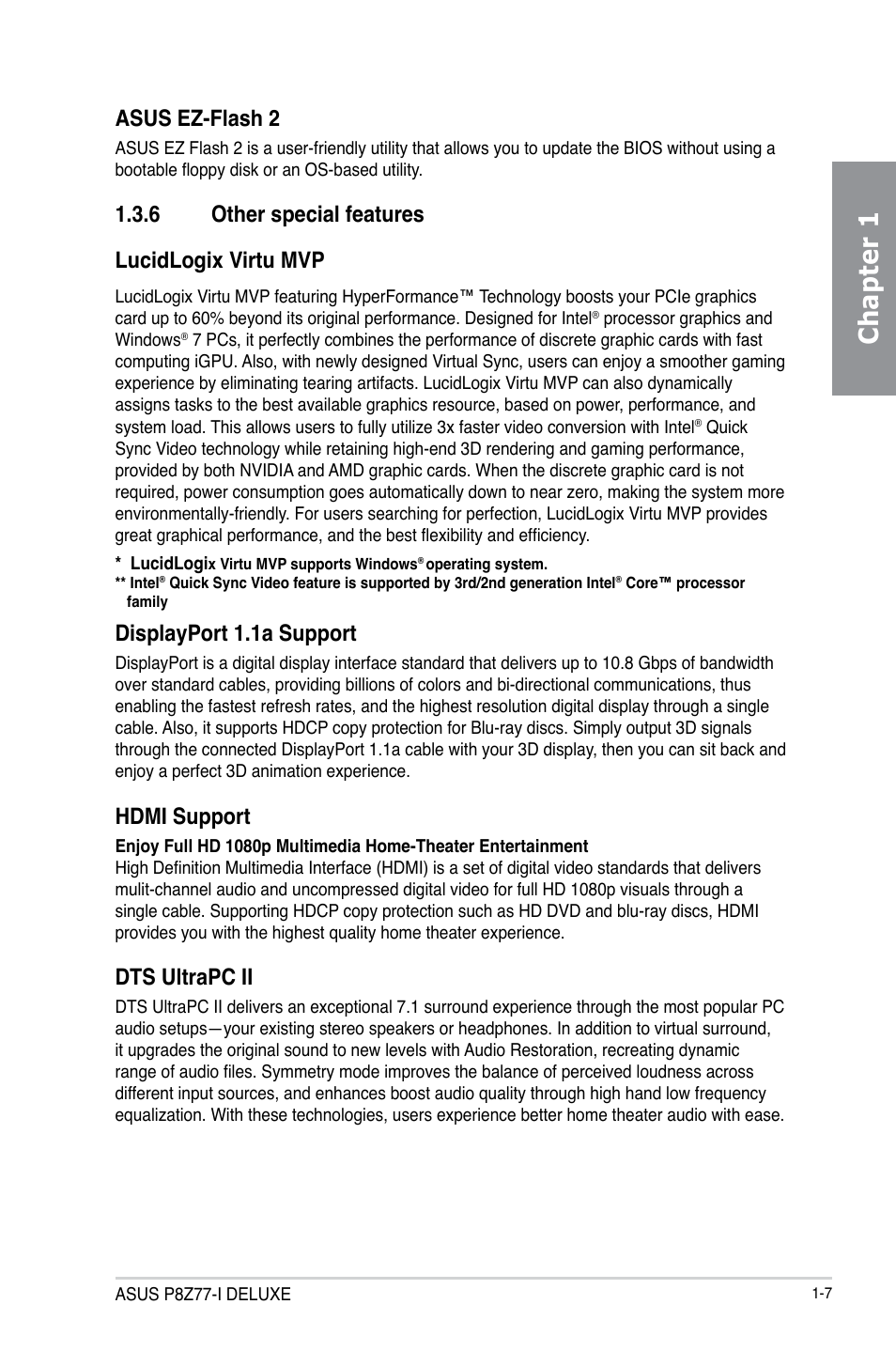 6 other special features, Other special features -7, Chapter 1 | Asus ez-flash 2, 6 other special features lucidlogix virtu mvp, Displayport 1.1a support, Hdmi support, Dts ultrapc ii | Asus P8Z77-I DELUXE/WD User Manual | Page 19 / 178