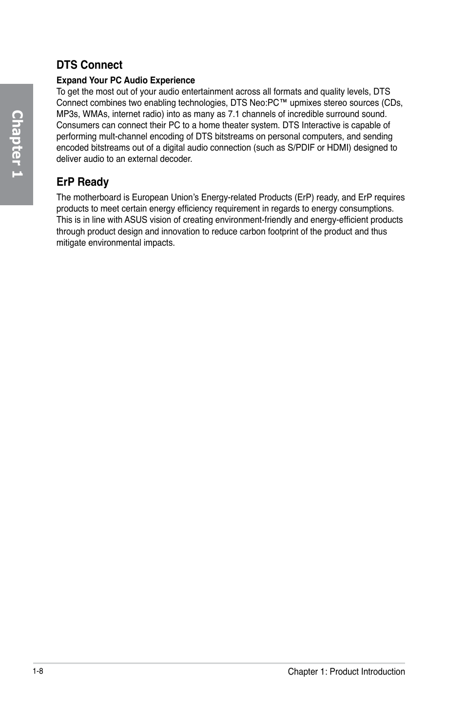 Chapter 1, Dts connect, Erp ready | Asus P8Z77-I DELUXE/WD User Manual | Page 20 / 178