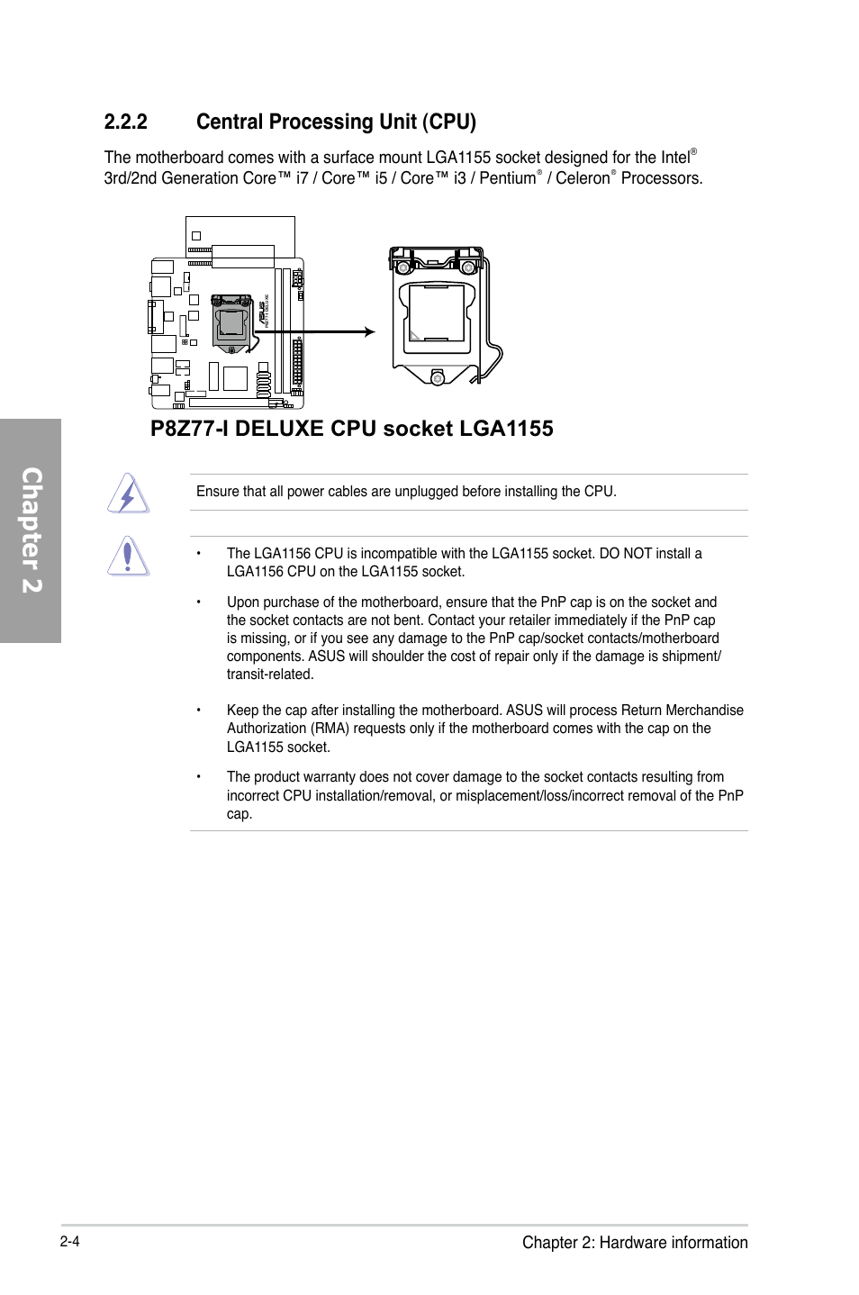 2 central processing unit (cpu), Central processing unit (cpu) -4, Chapter 2 | Asus P8Z77-I DELUXE/WD User Manual | Page 24 / 178