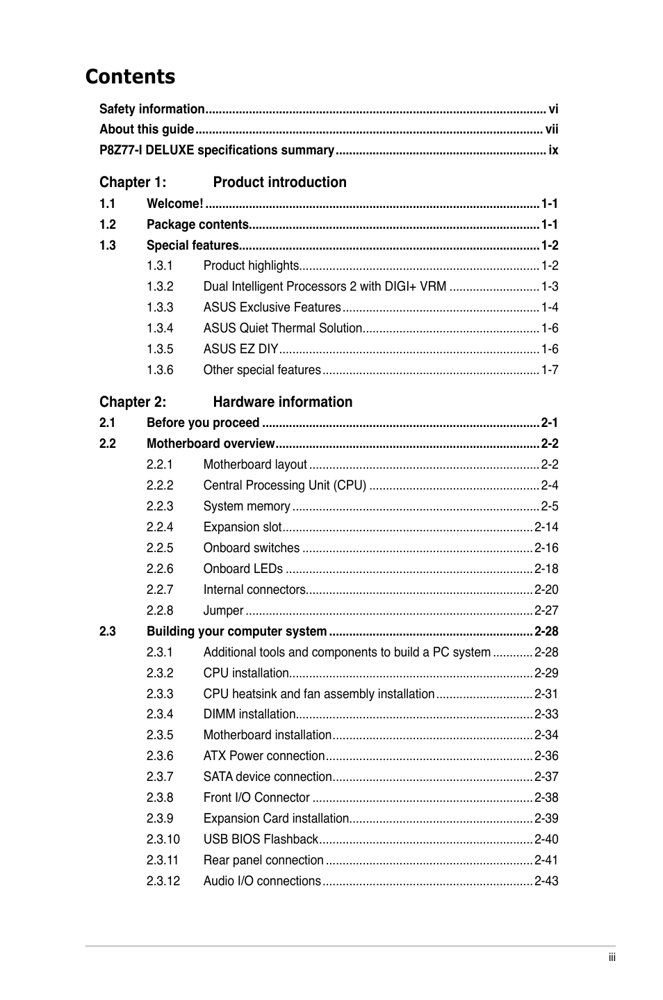 Asus P8Z77-I DELUXE/WD User Manual | Page 3 / 178