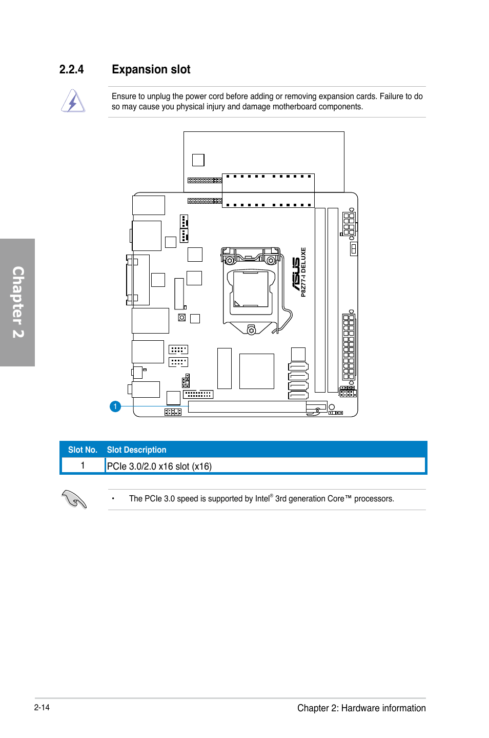 4 expansion slot, Expansion slot -14, Chapter 2 | Asus P8Z77-I DELUXE/WD User Manual | Page 34 / 178