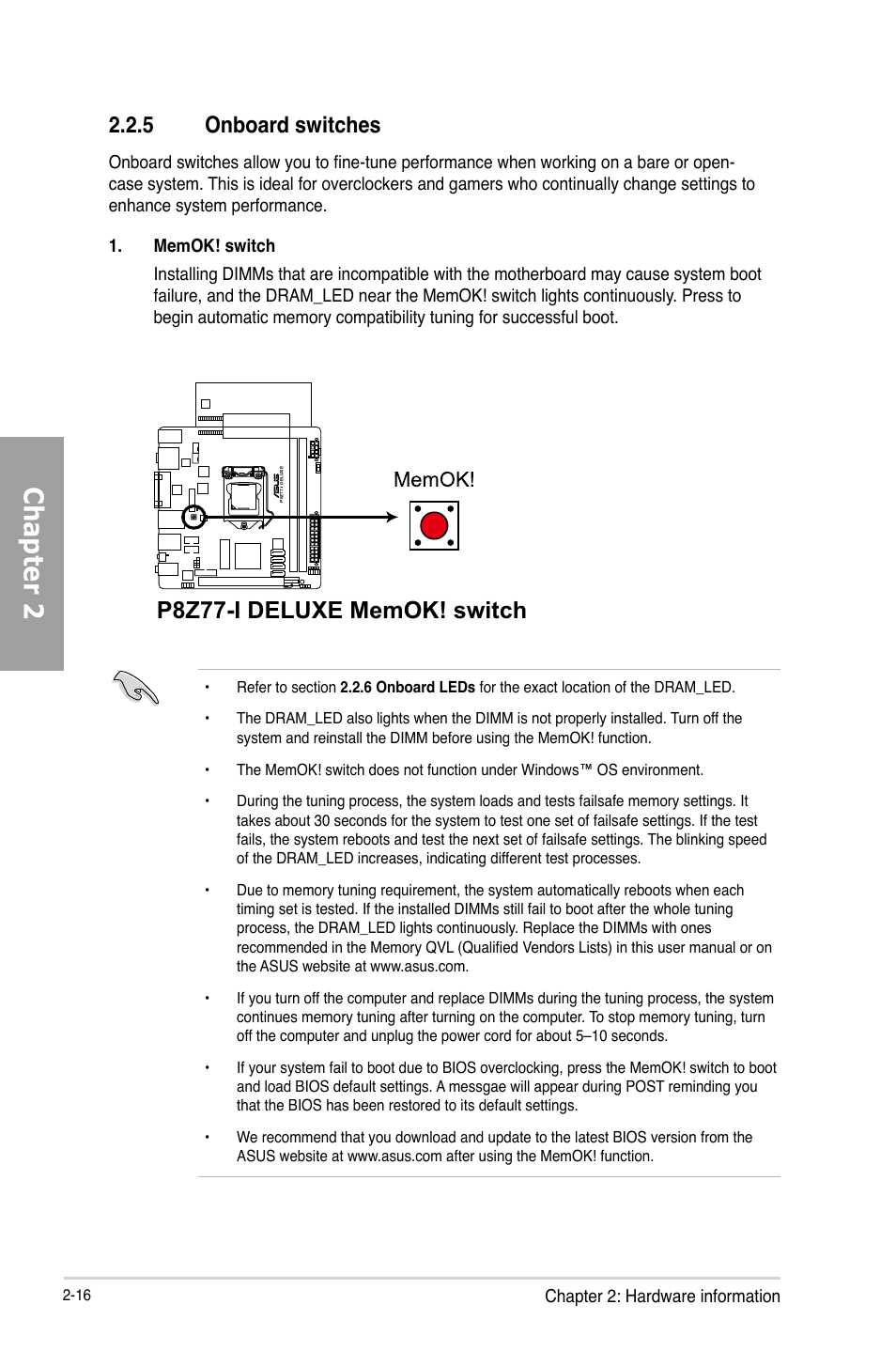 5 onboard switches, Onboard switches -16, Chapter 2 | Asus P8Z77-I DELUXE/WD User Manual | Page 36 / 178