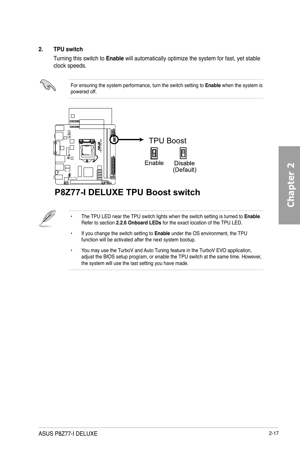 Chapter 2, P8z77-i deluxe tpu boost switch, Tpu boost | Asus P8Z77-I DELUXE/WD User Manual | Page 37 / 178