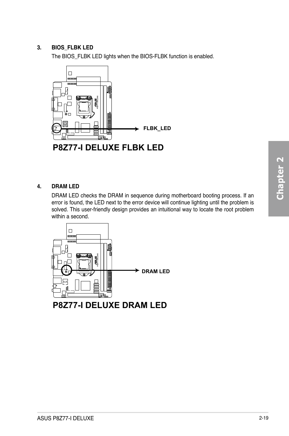 Chapter 2, P8z77-i deluxe dram led, P8z77-i deluxe flbk led | Asus P8Z77-I DELUXE/WD User Manual | Page 39 / 178