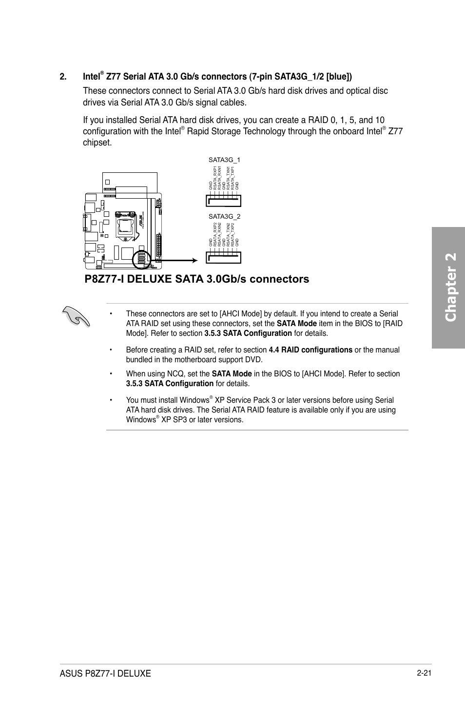 Chapter 2, Asus p8z77-i deluxe, Intel | Rapid storage technology through the onboard intel, Z77 chipset, Xp sp3 or later versions | Asus P8Z77-I DELUXE/WD User Manual | Page 41 / 178