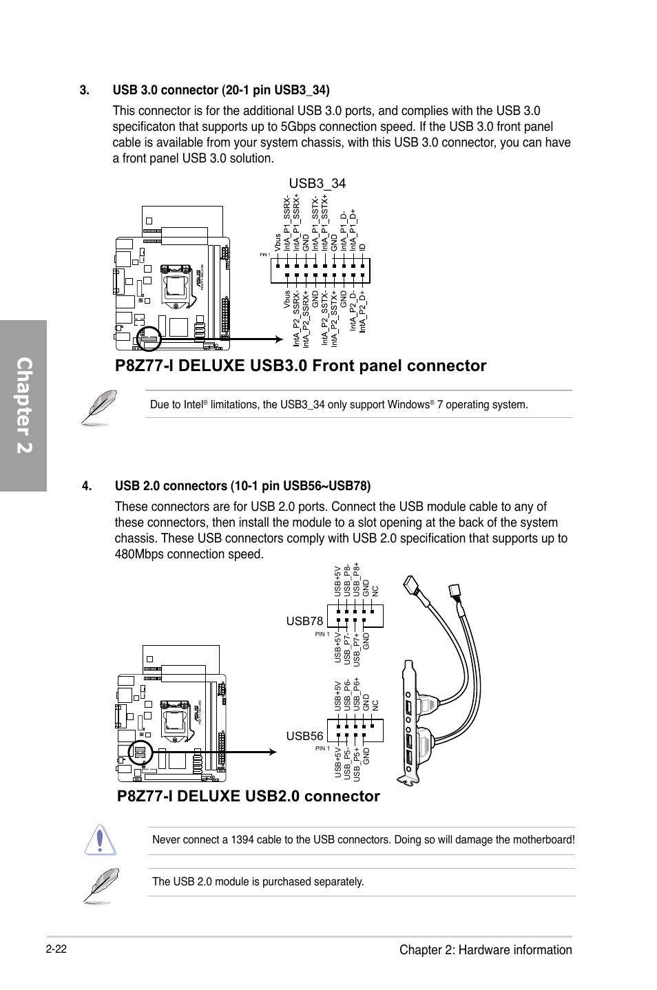 Chapter 2, Chapter 2: hardware information, Usb3_34 | Asus P8Z77-I DELUXE/WD User Manual | Page 42 / 178